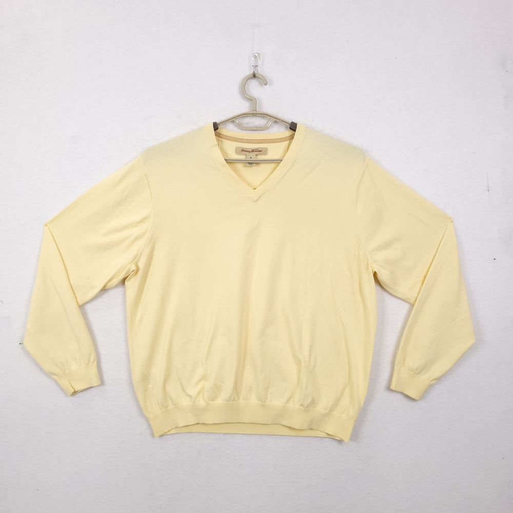 Tommy Bahama Knit Sweater XL Yellow Supima Cotton Blend V-Neck Pullover Preppy